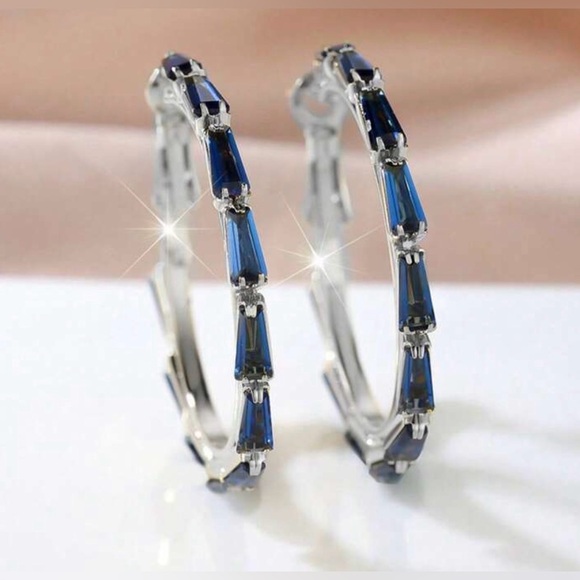 Blue Stone Hoop Earrings | Silver Tone | Copper Alloy | Elegant Statement Hoops